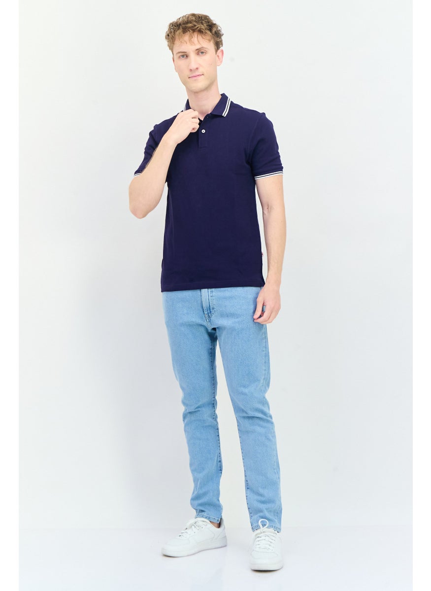 Men Regular Fit Textured Short Sleeves Polo Shirt, Navy