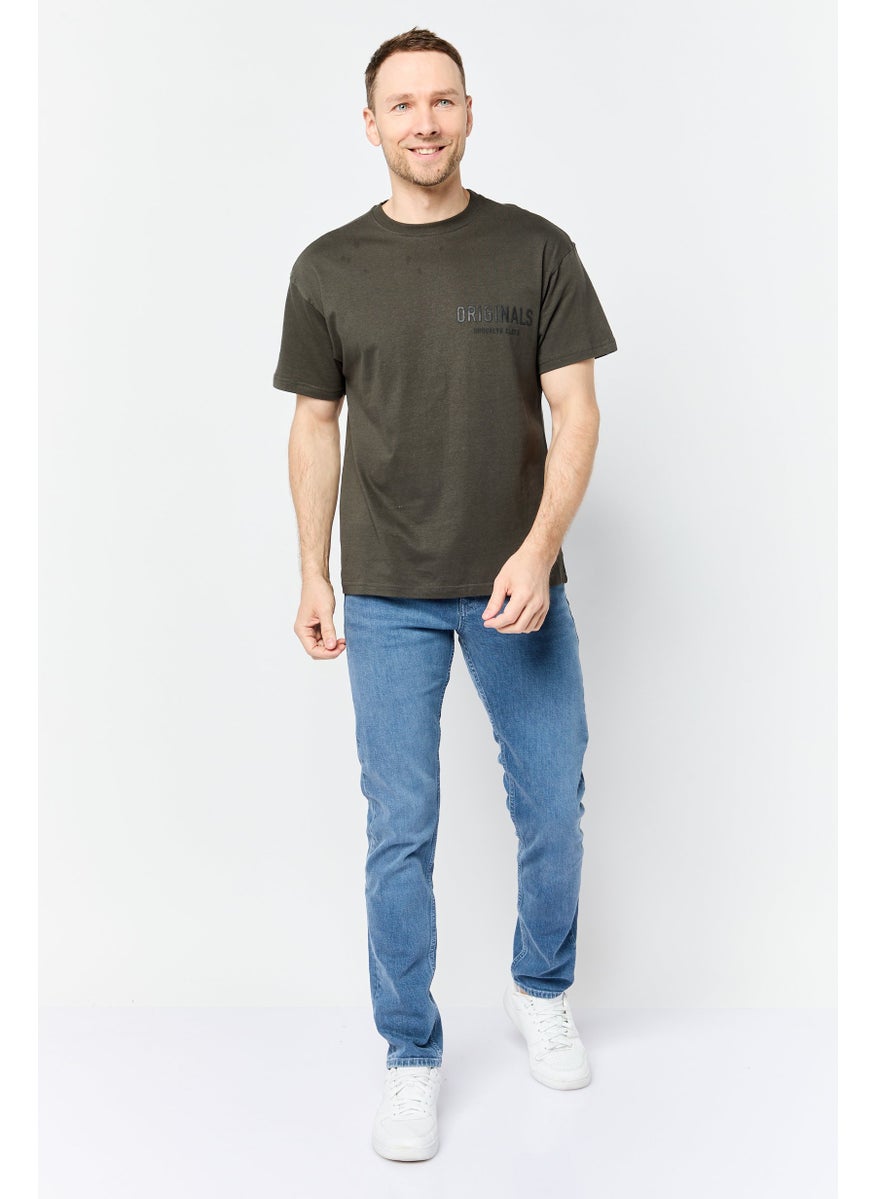 Men Crew Neck Short Sleeve Brand Logo T-Shirts, Olive Wash