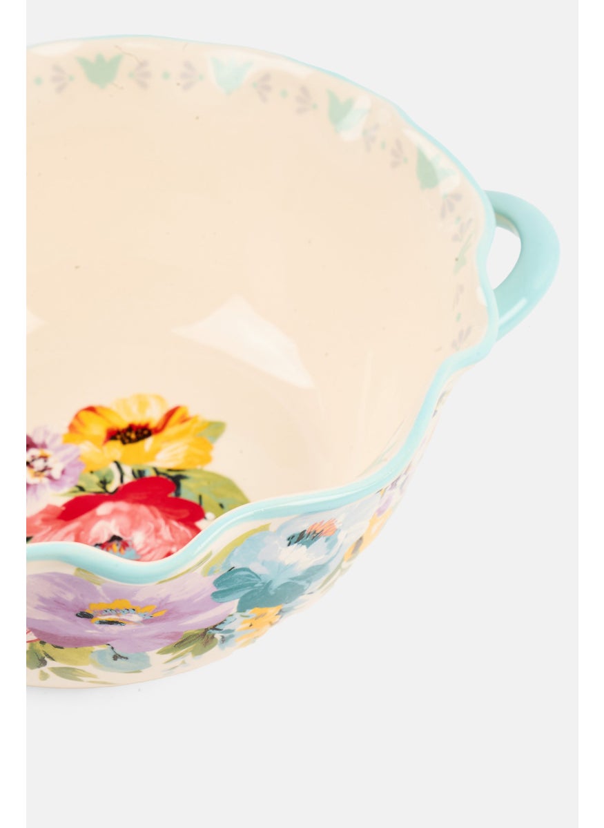Sweet Romance Blossom Pattern Ceramic Serving Bowl with Handles, Ivory