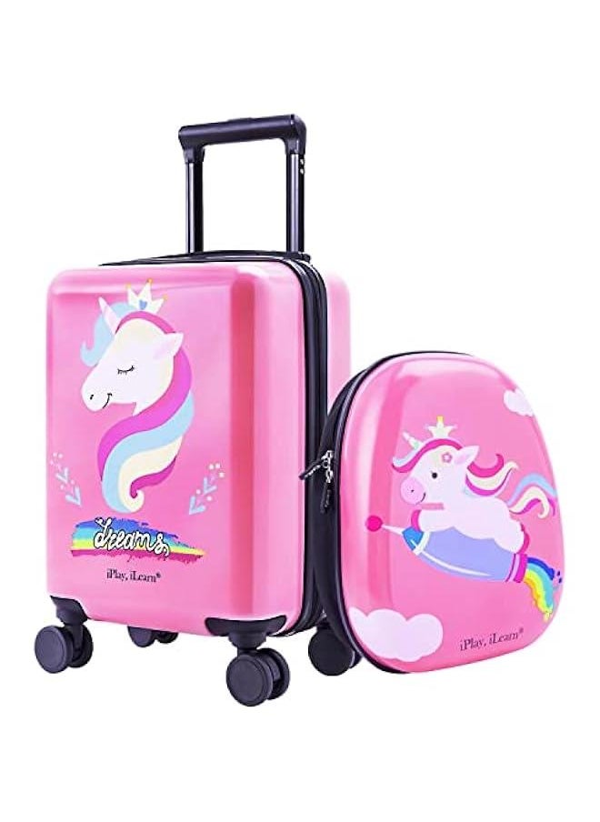 Unicorn Kids Luggage, Girls Carry on Suitcase, 18 Hardside Travel Luggage Set W/Backpack, Toddler Rolling Luggage W/ 4 Spinner Wheels, Children Holiday Birthday Gift