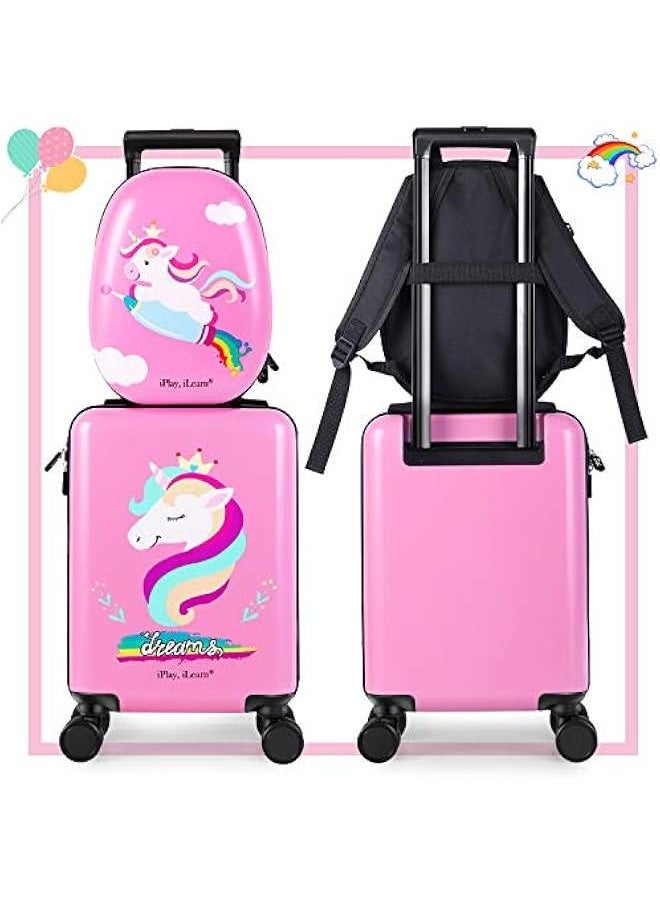 Unicorn Kids Luggage, Girls Carry on Suitcase, 18 Hardside Travel Luggage Set W/Backpack, Toddler Rolling Luggage W/ 4 Spinner Wheels, Children Holiday Birthday Gift
