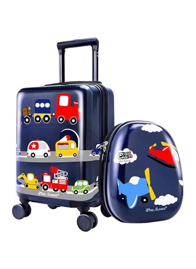 Airplane Kids Luggage, Boys Carry On Suitcase, 18 Hardside Travel Luggage Set W/Backpack, Toddler Rolling Luggage W/ 4 Spinner Wheels, Children Holiday Birthday Gift