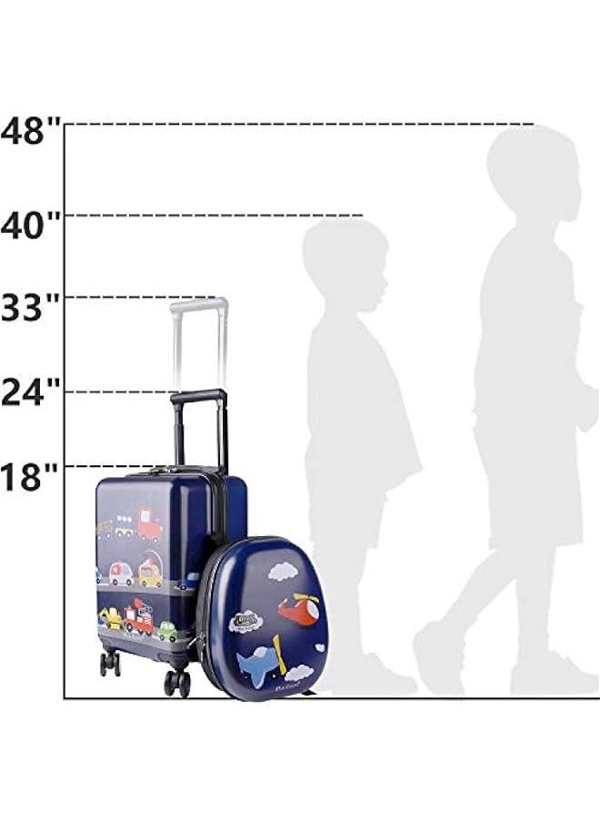 Airplane Kids Luggage, Boys Carry On Suitcase, 18 Hardside Travel Luggage Set W/Backpack, Toddler Rolling Luggage W/ 4 Spinner Wheels, Children Holiday Birthday Gift