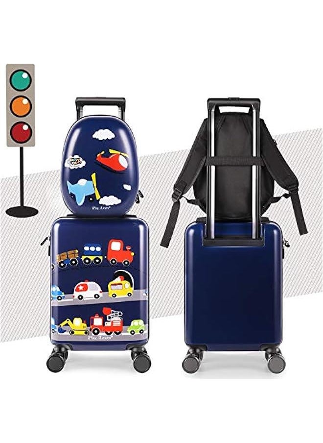 Airplane Kids Luggage, Boys Carry On Suitcase, 18 Hardside Travel Luggage Set W/Backpack, Toddler Rolling Luggage W/ 4 Spinner Wheels, Children Holiday Birthday Gift