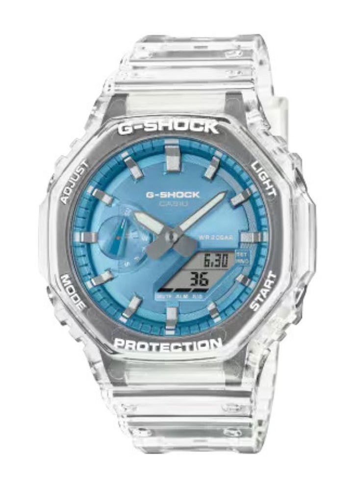 Casio G-Shock GA-2100BM-7A2DR Men's Watch – Analog-Digital, Carbon Core Guard, White Bezel, Blue Dial, Translucent Band, Shock Resistant, 200M Water Resistant, Sport Casual Wristwatch