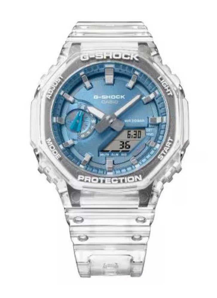 Casio G-Shock GA-2100BM-7A2DR Men's Watch – Analog-Digital, Carbon Core Guard, White Bezel, Blue Dial, Translucent Band, Shock Resistant, 200M Water Resistant, Sport Casual Wristwatch