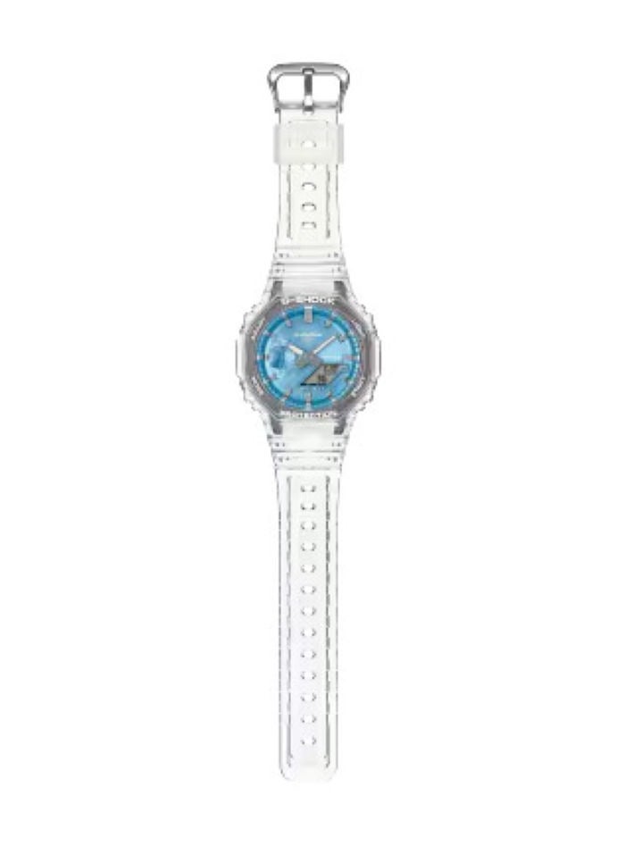 Casio G-Shock GA-2100BM-7A2DR Men's Watch – Analog-Digital, Carbon Core Guard, White Bezel, Blue Dial, Translucent Band, Shock Resistant, 200M Water Resistant, Sport Casual Wristwatch