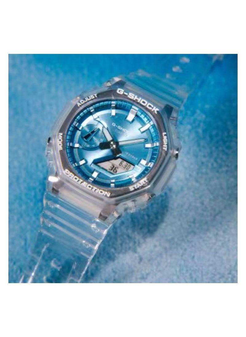 Casio G-Shock GA-2100BM-7A2DR Men's Watch – Analog-Digital, Carbon Core Guard, White Bezel, Blue Dial, Translucent Band, Shock Resistant, 200M Water Resistant, Sport Casual Wristwatch