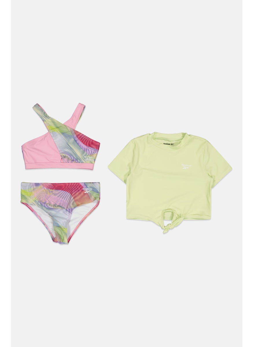 Kids Girl 3 Pieces Rashgurd With Top and Bottom Bikini Set, Apple/Pink