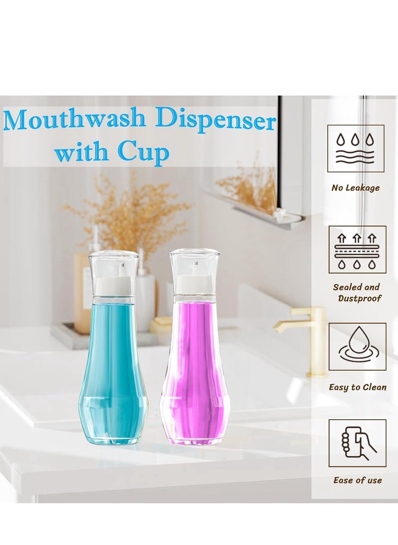 Glass Mouthwash Dispenser for Bathroom, 8.8OZ Mouth Wash Container Bottle with Lid Cup,Refillable Glass Mouth Wash Decanter,  Small Clear Decanter for Countertop,2 Pack