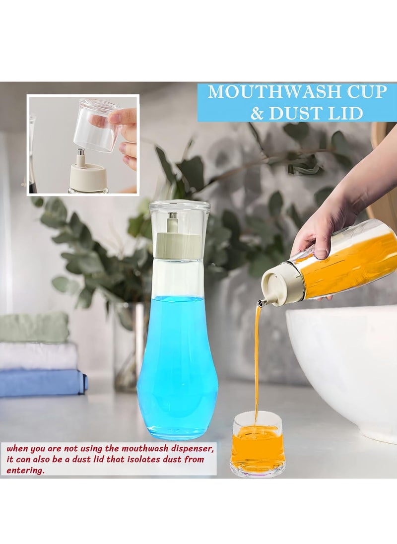 Glass Mouthwash Dispenser for Bathroom, 8.8OZ Mouth Wash Container Bottle with Lid Cup,Refillable Glass Mouth Wash Decanter,  Small Clear Decanter for Countertop,2 Pack