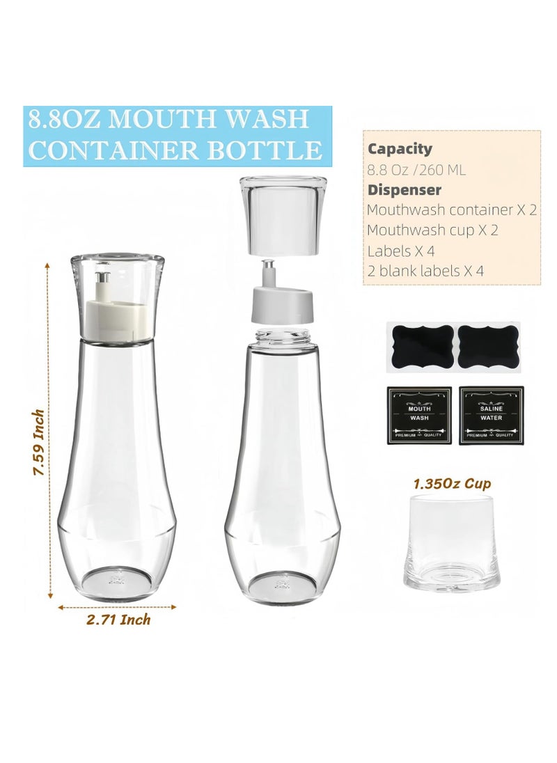 Glass Mouthwash Dispenser for Bathroom, 8.8OZ Mouth Wash Container Bottle with Lid Cup,Refillable Glass Mouth Wash Decanter,  Small Clear Decanter for Countertop,2 Pack