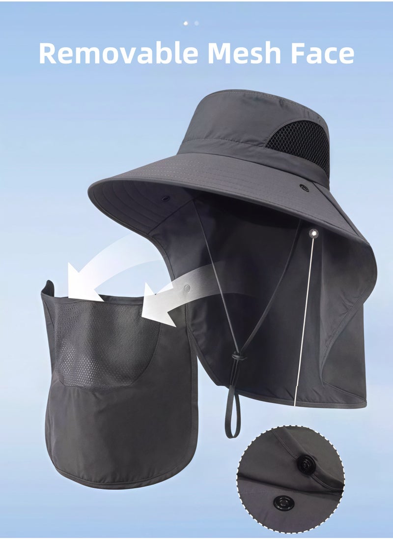 Sun Hat Hiking Hat for Men Women, UV Protection Fishing & Bucket hat with Removable Mesh Face Neck Flap Cover Outdoor Sports Accessories