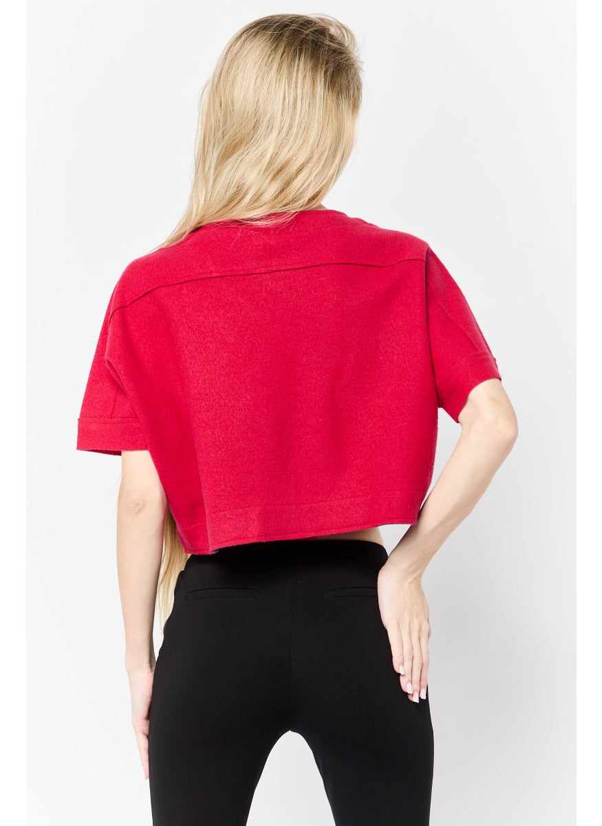 Women Round Neck Short Sleeves Brand Logo Crop Top, Red