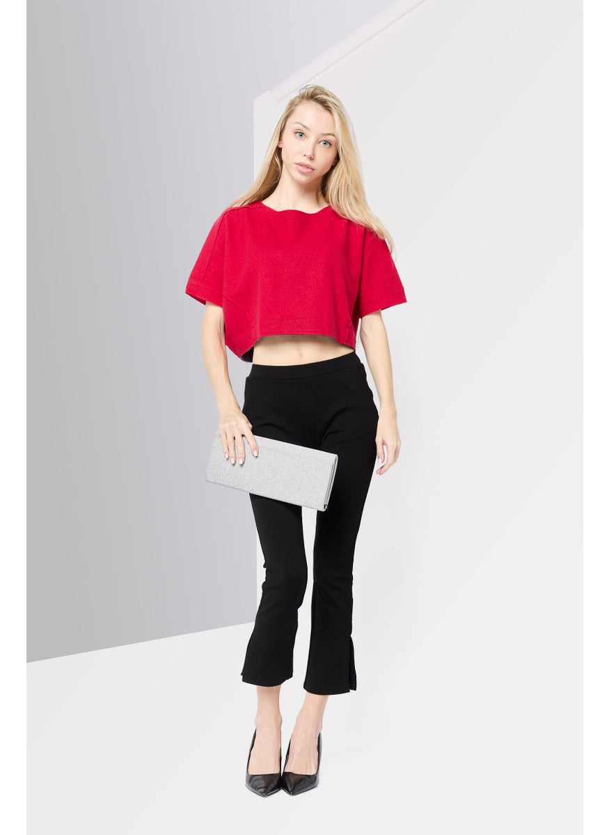Women Round Neck Short Sleeves Brand Logo Crop Top, Red