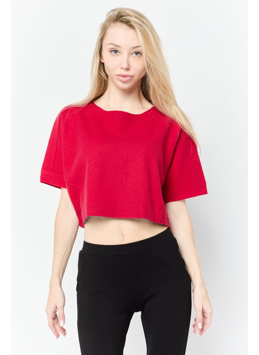 Women Round Neck Short Sleeves Brand Logo Crop Top, Red