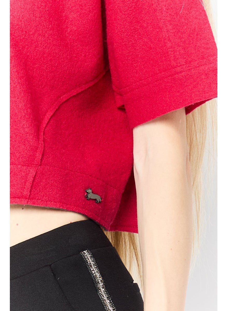 Women Round Neck Short Sleeves Brand Logo Crop Top, Red