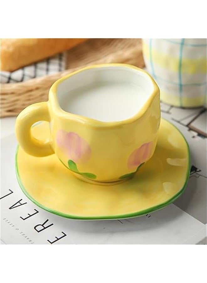 Coffee Mugs Set with Saucer Cute Yellow Tulip Cup Gifts for Women Birthday Tea Coffee Mug 250 ML Ceramic Flowers Cup Birthday Gift for Women Girls Mom Friend Coffee Mug Tea Cup Saucer Set