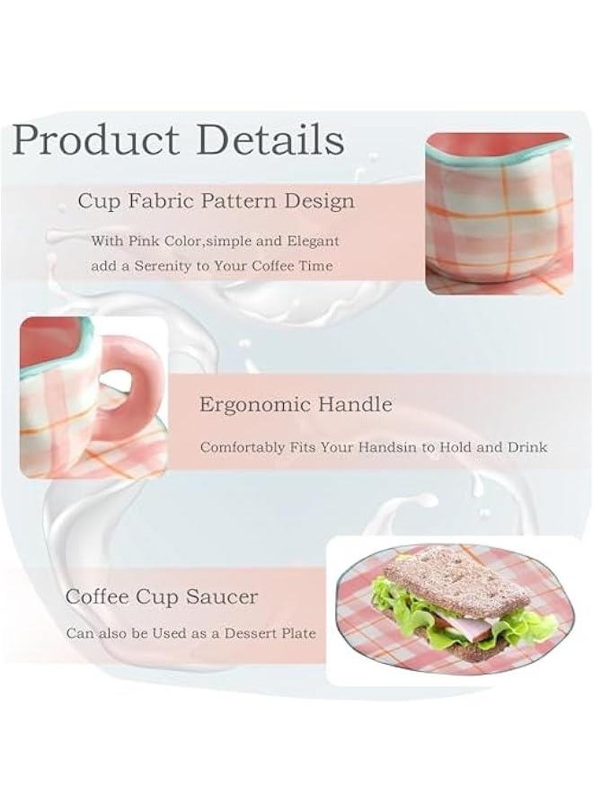 Coffee Mugs Set with Saucer Cute Pink Cup Gifts for Women Birthday Tea Coffee Mug with Coaster 250 ML Ceramic Cup Birthday Gift for Women Girls Mom Friend Coffee Mug Tea Cup Saucer Set