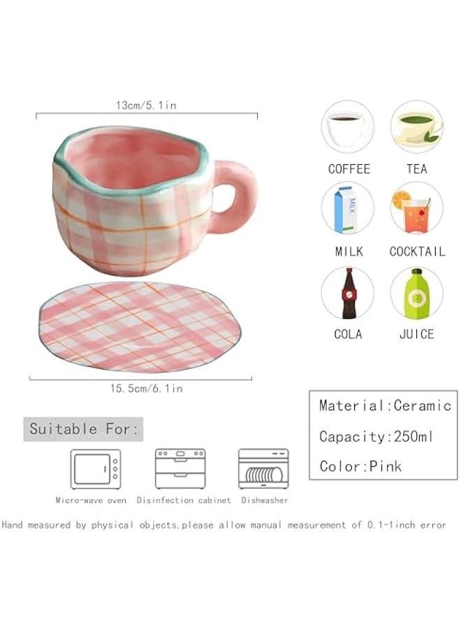 Coffee Mugs Set with Saucer Cute Pink Cup Gifts for Women Birthday Tea Coffee Mug with Coaster 250 ML Ceramic Cup Birthday Gift for Women Girls Mom Friend Coffee Mug Tea Cup Saucer Set