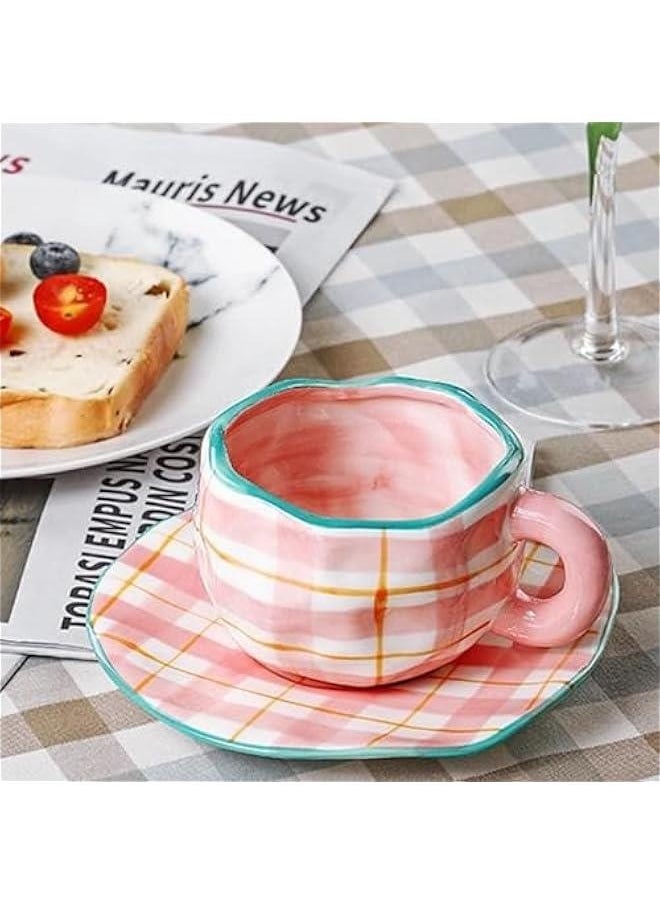 Coffee Mugs Set with Saucer Cute Pink Cup Gifts for Women Birthday Tea Coffee Mug with Coaster 250 ML Ceramic Cup Birthday Gift for Women Girls Mom Friend Coffee Mug Tea Cup Saucer Set