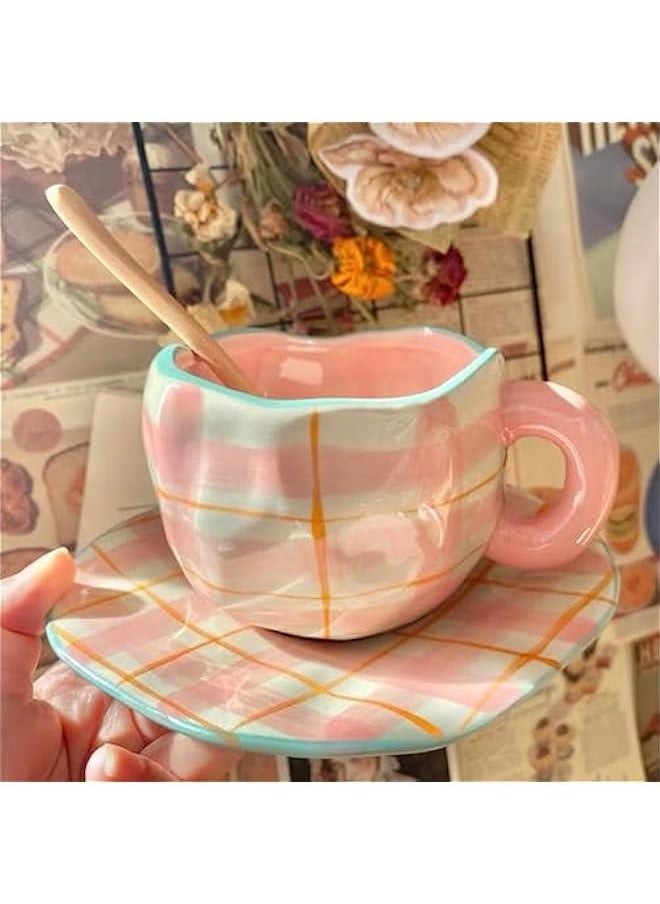 Coffee Mugs Set with Saucer Cute Pink Cup Gifts for Women Birthday Tea Coffee Mug with Coaster 250 ML Ceramic Cup Birthday Gift for Women Girls Mom Friend Coffee Mug Tea Cup Saucer Set