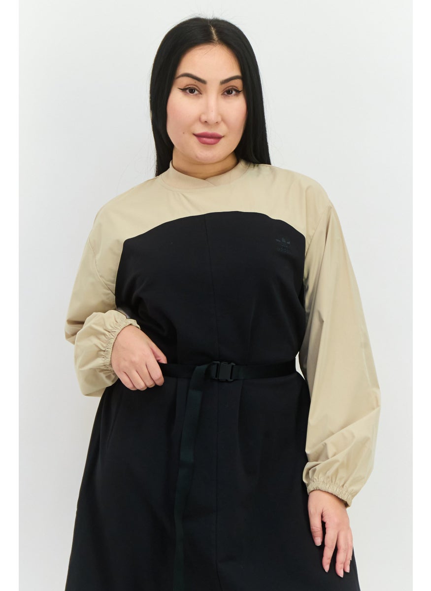 Women Sportswear Fit Long Sleeves Outdoor Belted Dress, Black