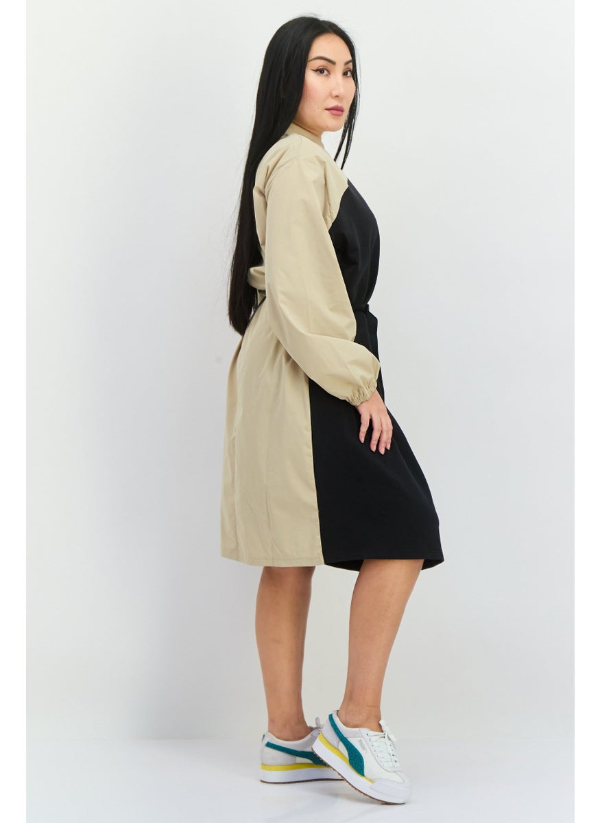 Women Sportswear Fit Long Sleeves Outdoor Belted Dress, Black