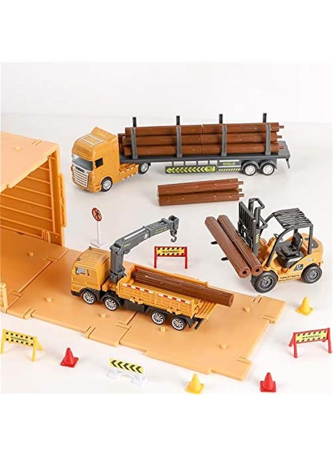 Construction Truck Toy Set, Cargo Transport Vehicles Site Playset, Gantry Crane, Trailer, Logging, Pickup Tow Trucks, Forklift, Birthday Gift for 3 4 5 Year Olds Boys Kid Toddler Child