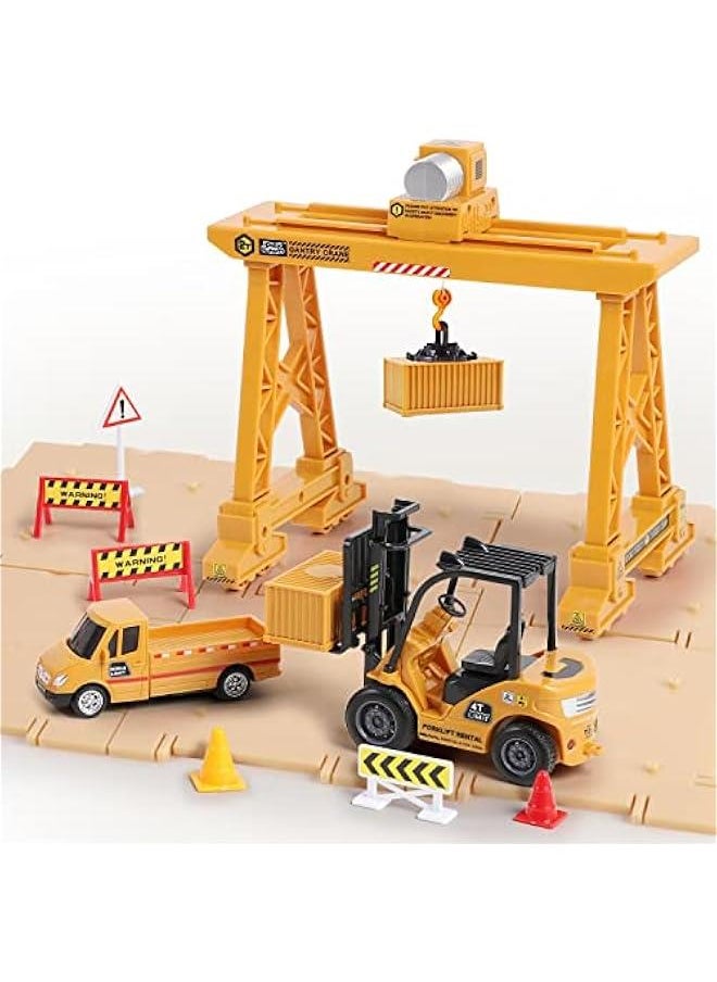 Construction Truck Toy Set, Cargo Transport Vehicles Site Playset, Gantry Crane, Trailer, Logging, Pickup Tow Trucks, Forklift, Birthday Gift for 3 4 5 Year Olds Boys Kid Toddler Child