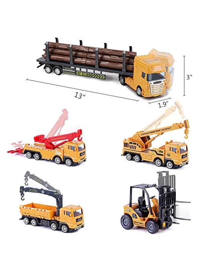 Construction Truck Toy Set, Cargo Transport Vehicles Site Playset, Gantry Crane, Trailer, Logging, Pickup Tow Trucks, Forklift, Birthday Gift for 3 4 5 Year Olds Boys Kid Toddler Child