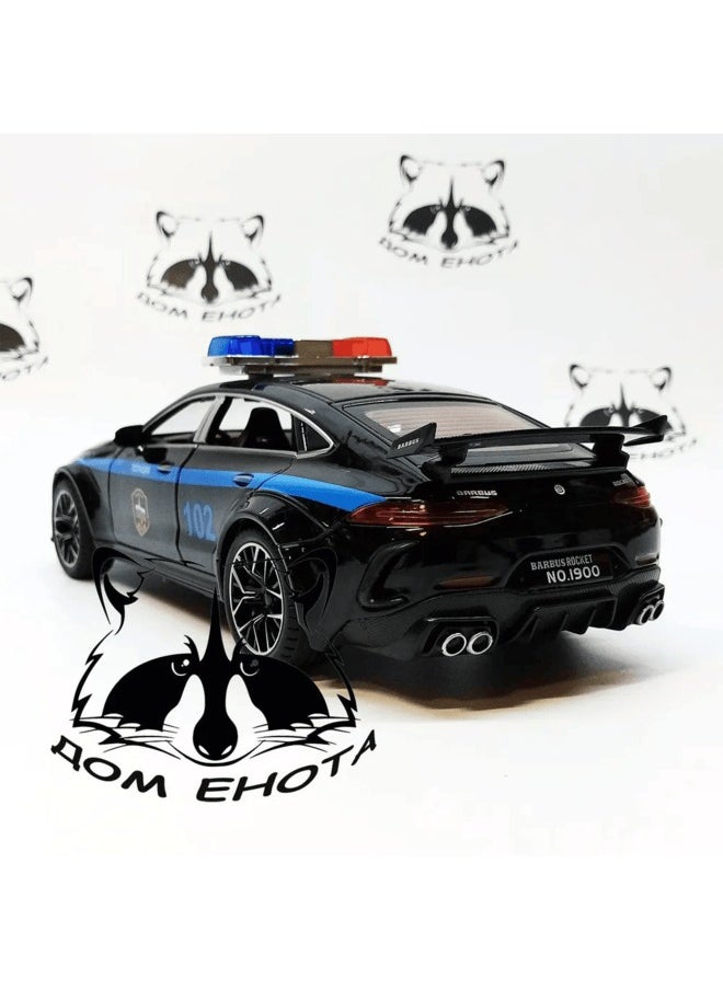 Mercedes AMG GT 63S FSB car. Metal model of the Mercedes GT63 Brabus Rocket FSB in black, 21 cm. Friction-powered toy car 1:24