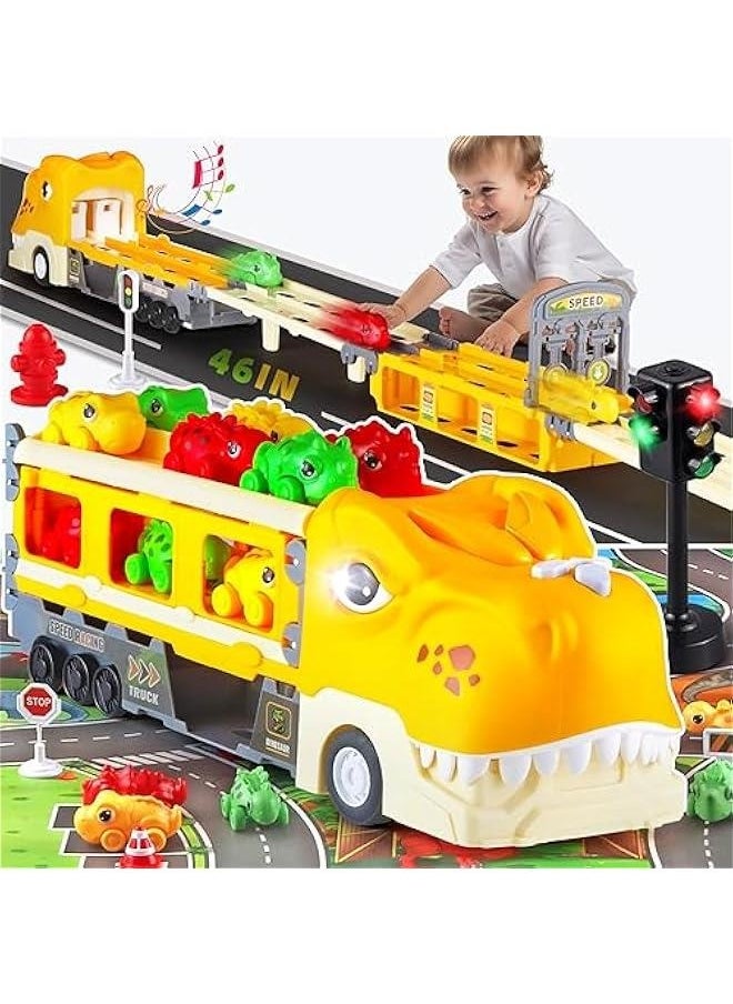 Dinosaur Trucks for Kids 3-5,Foldable Dinosaur Transport Truck with Ejection Racing Track,Tyrannosaurus Dinosaur Truck Toy with Light and Music,Toddler Truck Toys Suitable for Boys Girls