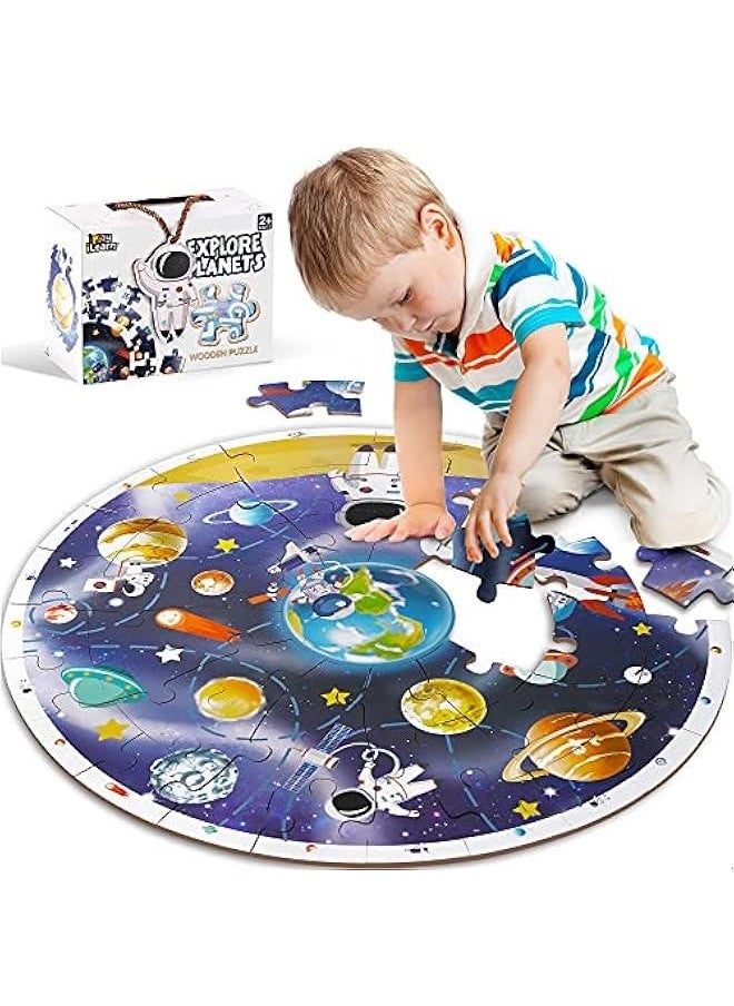 Floor Puzzles for Kids Ages 3-6, Jigsaw Puzzle for kids Ages 4-8, Toddler Large Wooden Learning Toy, Educational Round Planets, Solar System Birthday Gift for 5-7 Year Old Boy Girl Child