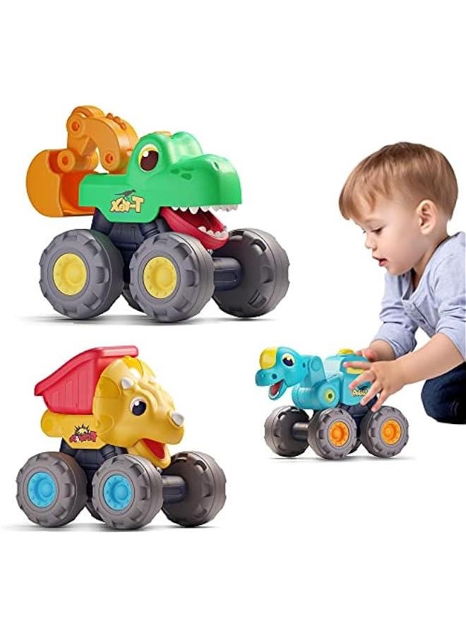 Toddler Dinosaur Truck Toy, Baby Pull Back Toy Car 1 2 3 Year Old Boy, BigWheels Construction Vehicles, Friction Powered, Push Go Dino Car, Cool Birthday Gift for 12 18 24 Month Kid Girl