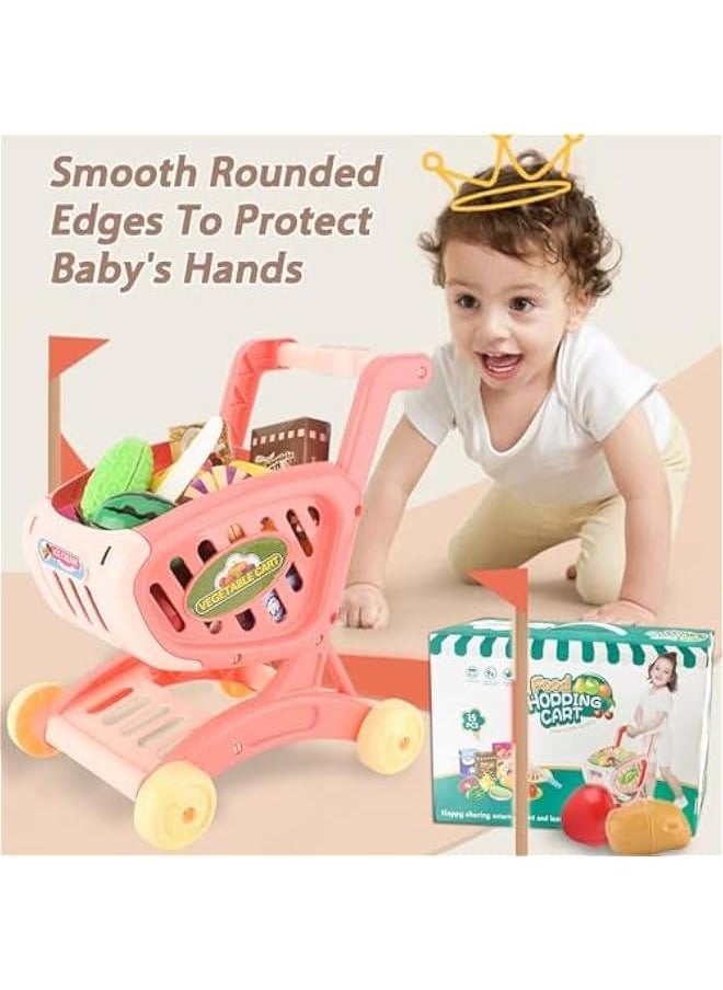 Tiny Size Shopping Cart for Kids - Kids Shopping Cart Trolley Play Set,Includes 14 Grocery Food Fruit Vegetables Shop Accessories,Small Shopping Cart Toy,Toddler Shopping Cart ,Pretend Play Game Toy