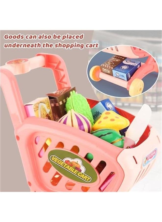 Tiny Size Shopping Cart for Kids - Kids Shopping Cart Trolley Play Set,Includes 14 Grocery Food Fruit Vegetables Shop Accessories,Small Shopping Cart Toy,Toddler Shopping Cart ,Pretend Play Game Toy