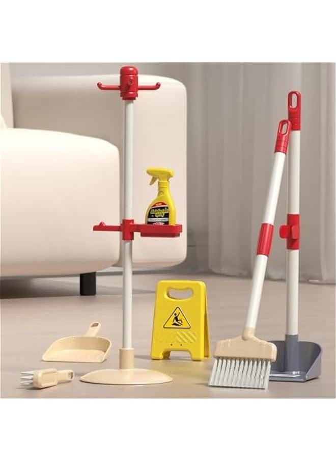 Kids Mini Cleaning Toy Set 7 Piece Toddler Cleaning Kit with Broom, Dustpan, Duster, Storage Rack, One-Piece Bottle and Wet Floor Sign for Baby 1-3 Year Old