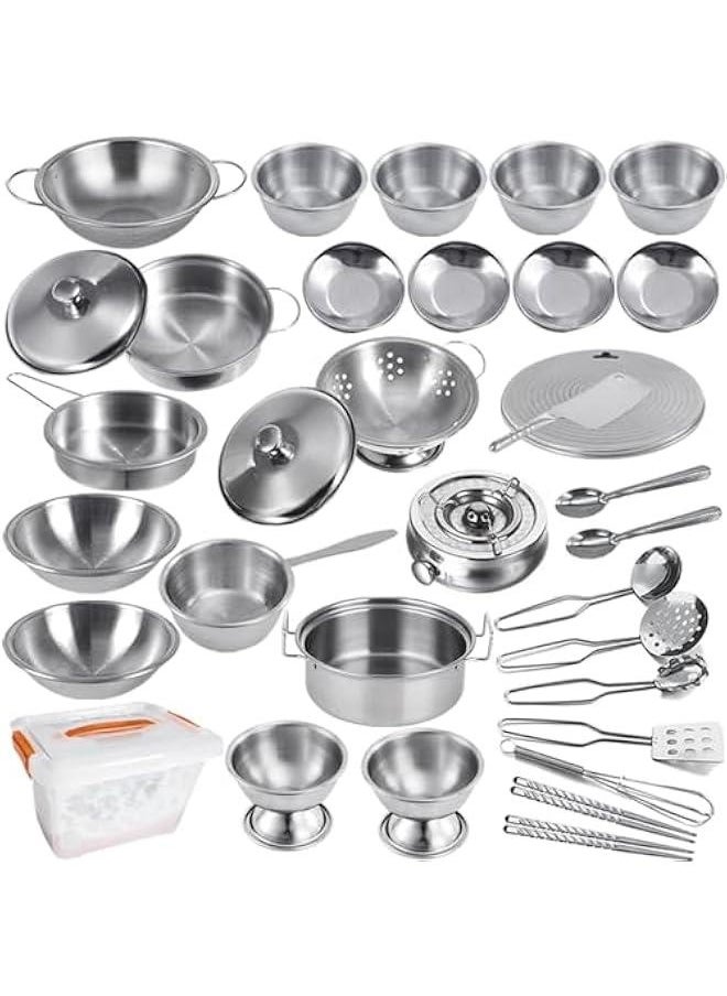 Tiny Classic Stainless Steel Kitchen Toys Cooking Utensils Set-Pretend Play Pots Pans Toy Cookware Kits for Kids Cooking Utensil Set Interactive Learning Role Play Educational Toys for Kids Mini Siz