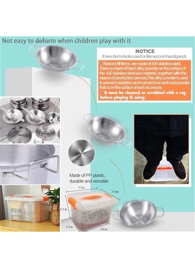 Tiny Classic Stainless Steel Kitchen Toys Cooking Utensils Set-Pretend Play Pots Pans Toy Cookware Kits for Kids Cooking Utensil Set Interactive Learning Role Play Educational Toys for Kids Mini Siz