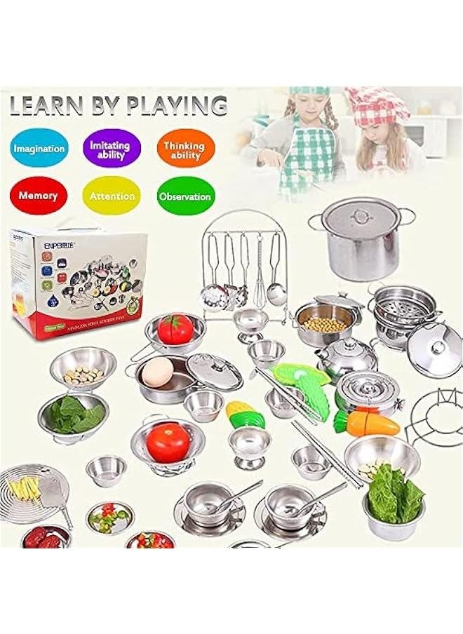 Tiny Classic Stainless Steel Kitchen Toys Cooking Utensils Set-Pretend Play Pots Pans Toy Cookware Kits for Kids Cooking Utensil Set Interactive Learning Role Play Educational Toys for Kids Mini Siz