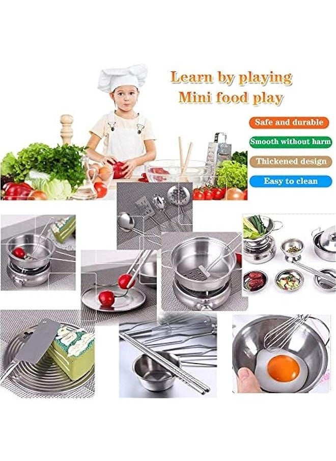 Tiny Classic Stainless Steel Kitchen Toys Cooking Utensils Set-Pretend Play Pots Pans Toy Cookware Kits for Kids Cooking Utensil Set Interactive Learning Role Play Educational Toys for Kids Mini Siz