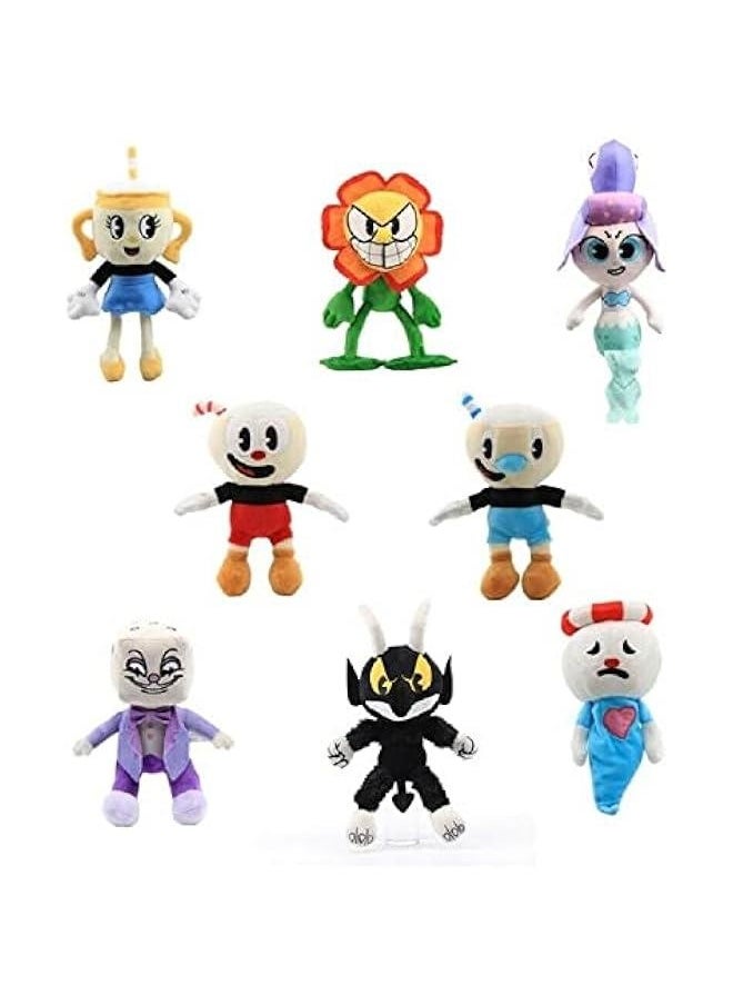 Cuphead Plush Toys 8pcs/Set Cuphead Mugman Family Mecup and Brocup Devil Boss Legendary Chalice King Dice Sunflower Ms. Chalice Mermaid Cagney Carnantion 8-13 Inches