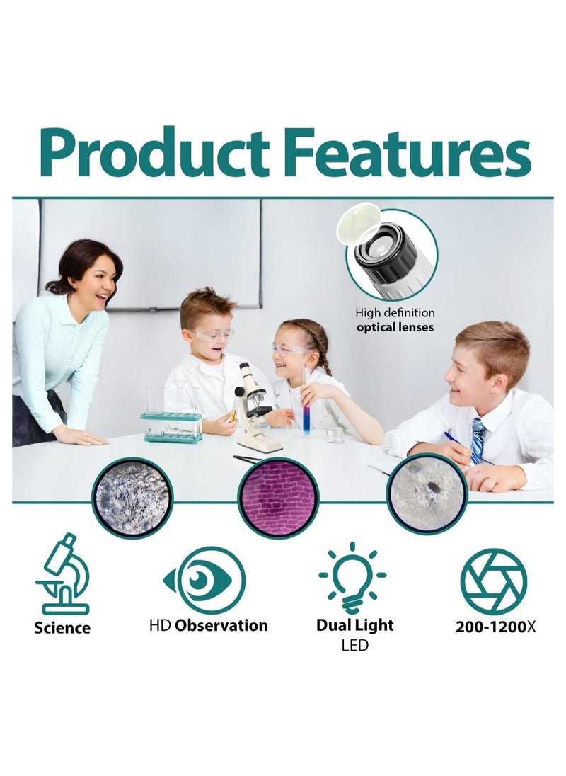 Microscope Kit - 200x 600x 1200x Birthday Gift Science Kits Best Educational Learning Toy Kids Experiment Ultimate  Ideas Boy Girl Age Year diy Education Set Stem Toys Labs Play Pocket