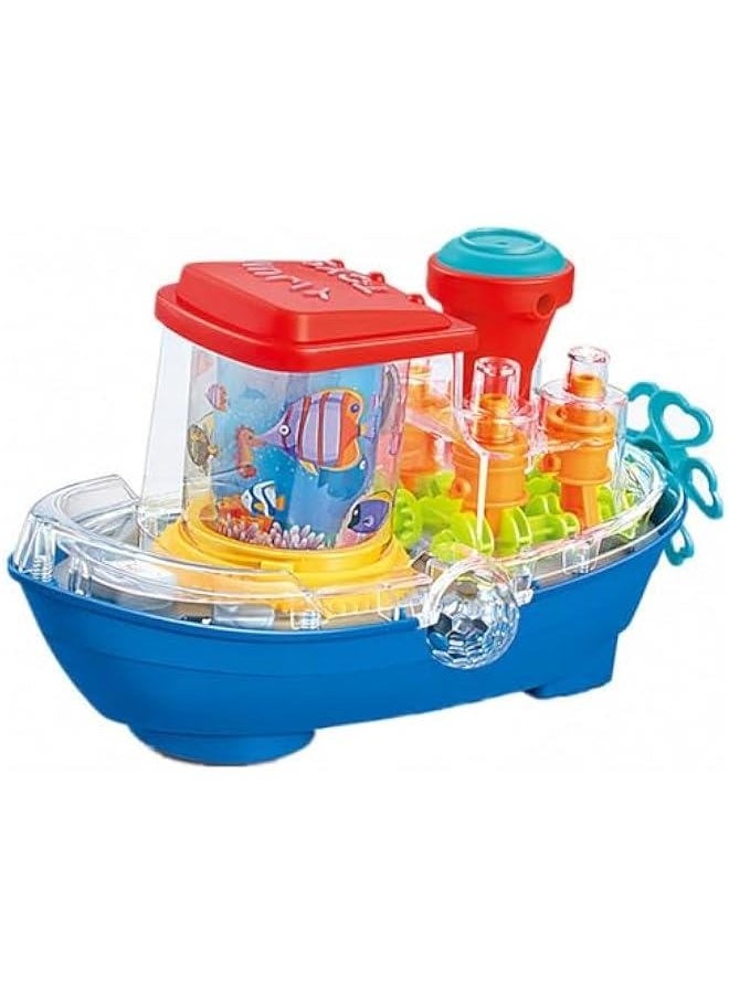Transparent Gear Steamship Toy for Kids, Light-up Electric Ship Toy Toddler Car Toy Steamer Toy 3D Gear Steamboat Crawling Toy for Babies with Lights and Music