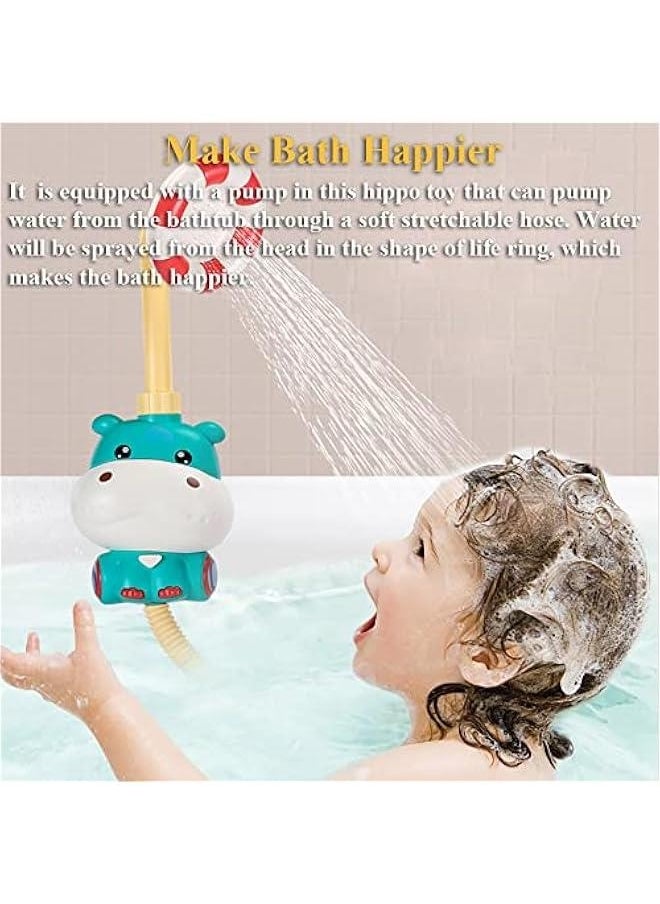 Bathtub Shower Head Toy, Electric Hippo Shower Sprinkler Toy for Kids Tub Shower Head Electric Water Pump Bath Toy Toddlers Hand Shower Sprinkler Bathtub Toy with Suckers (Blue)
