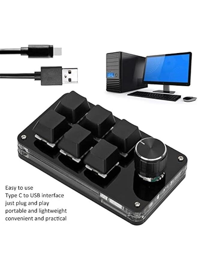 Mini Macro Mechanical Keyboard, Blue Switch 6 Key Fully Programmable Keyboard with Knob, Mini Shortcut Gaming Keypad, One Handed Mechanical Keyboard, C USB Wired (Black)