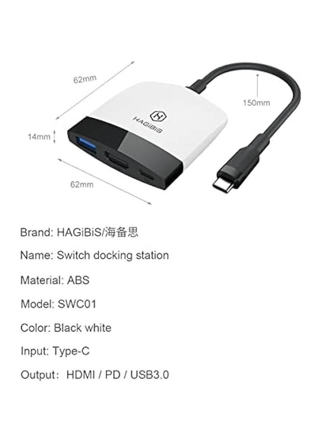 Switch Dock for Nintendo Switch OLED,  Portable TV Dock Charging Docking Station with HDMI and USB 3.0 Port Replacement Base Dock Set Type C to HDMI TV Adapter for MacBook Pro Air (Black White)