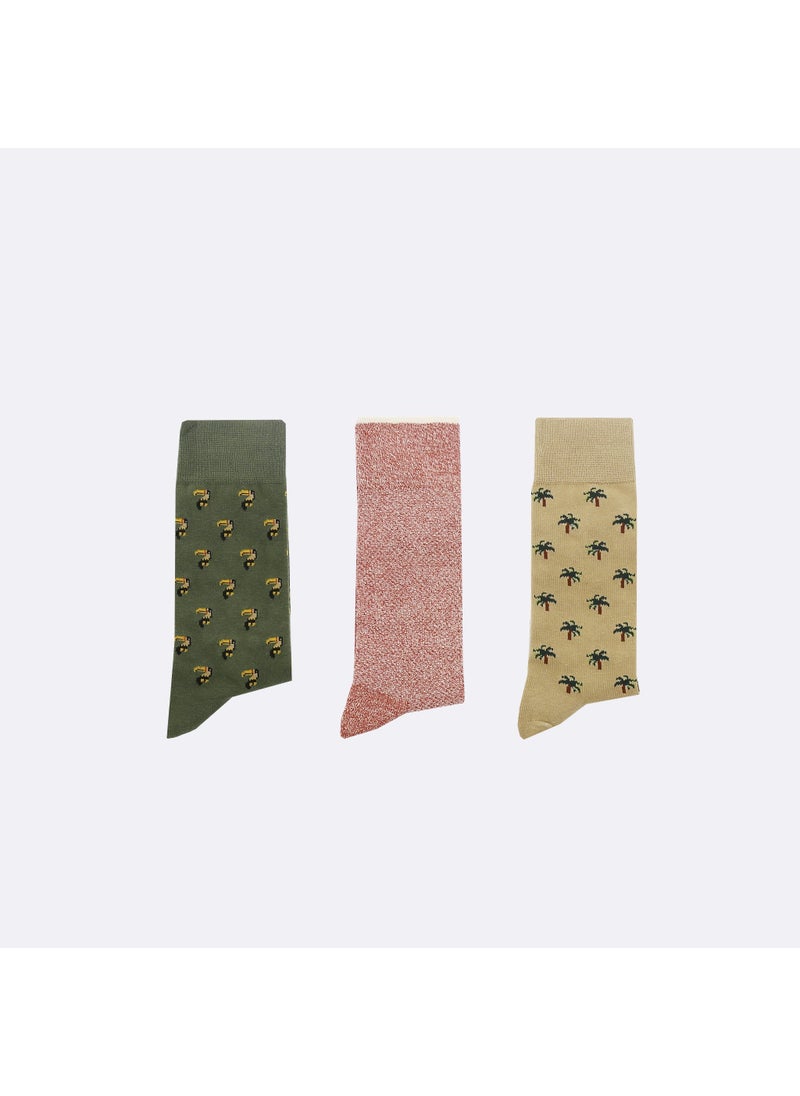 Set of 3X Socks - Sand and Kaki with Bird and Palm Trees