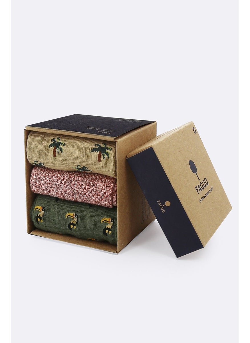 Set of 3X Socks - Sand and Kaki with Bird and Palm Trees